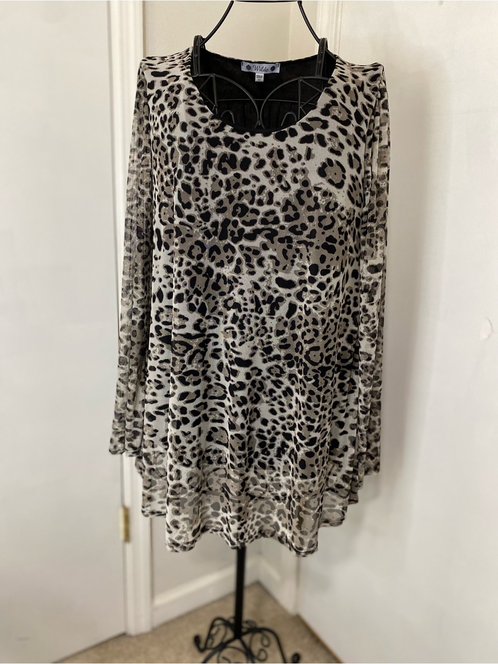 Wilde Womens 1X Leopard Print Sheer Mesh Long Sleeve Tunic Lined